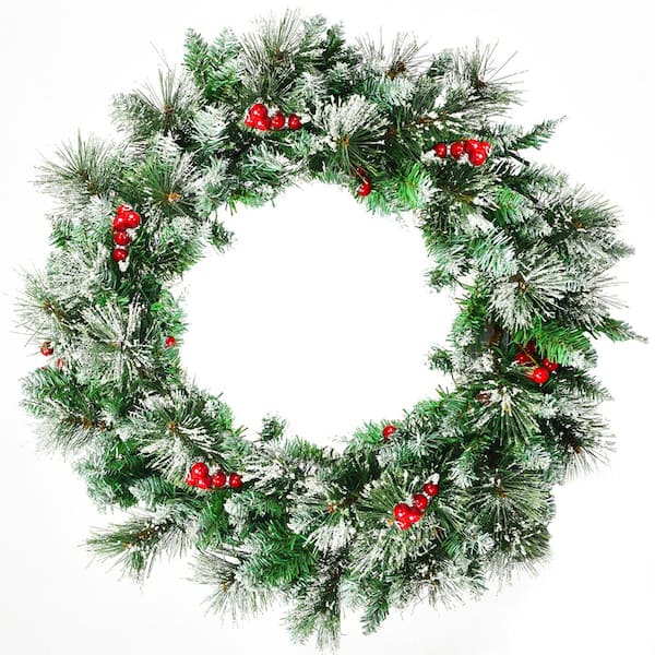 Gymax 24 in. Pre-Lit Artificial Christmas Wreath Decorative Snow ...