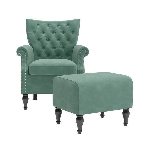 Handy Living Margaux Turquoise Blue Velvet Button Tufted Rolled Arm Chair and Ottoman Set