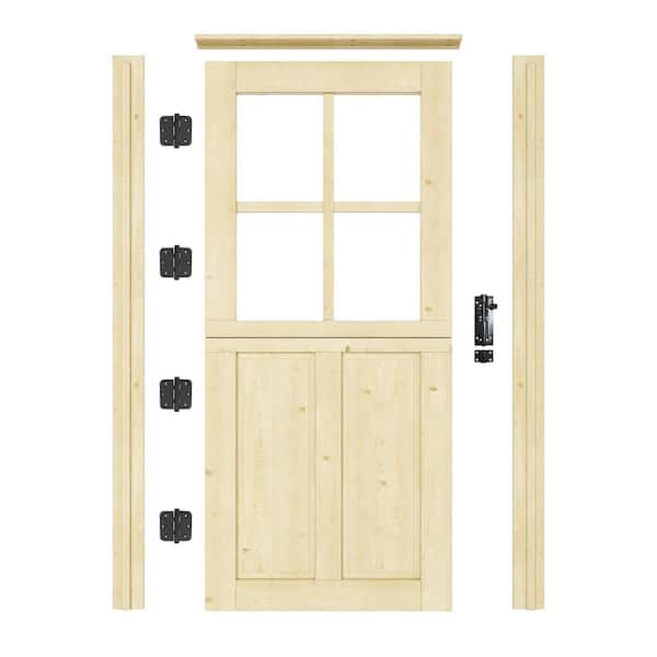 36 in. x 80 in. Pine Universal 4-Lite Clear Glass& 2-Panel Unfinished Dutch Wood Prehung Front Door +Quick Assemble Jamb