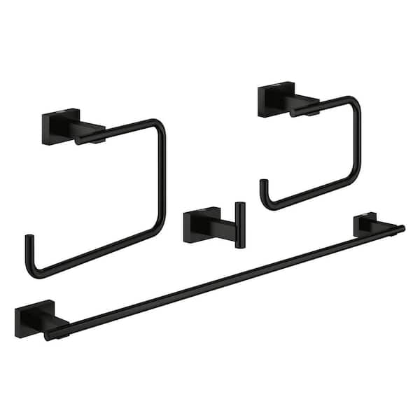 GROHE 4-Piece Bath Hardware Set Towel Ring, Robe Hook, Toilet Paper Holder and 24 in Towel Rail Included in Matte Black