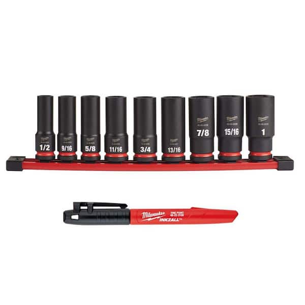 SHOCKWAVE Impact Duty 1/2 in. Drive SAE Deep Well Impact Socket Set (9-Piece) & INKZALL Black Jobsite Permanent Marker