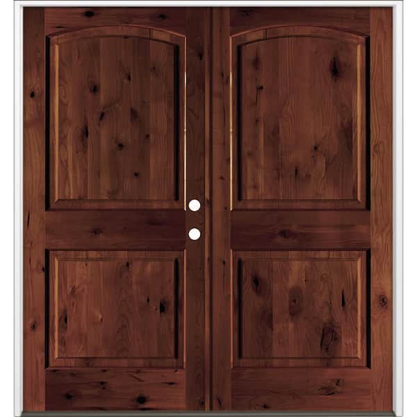 72 in. x 80 in. Rustic Knotty Alder 2-Panel Arch-Top Active Left Double BEHR Red Mahogany Stain Wood Prehung Front Door