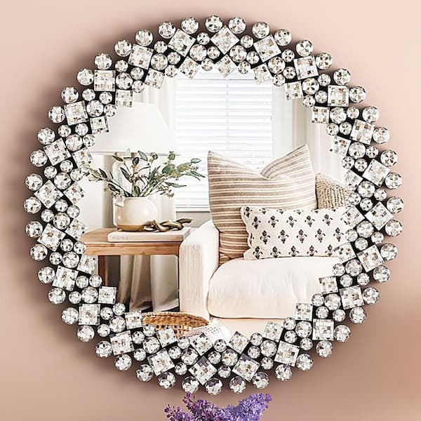 THKSHOUZ 17.7 in. W x 17.7 in. H Round Mirrors for Wall Decor Crystal Decorative Wall Mirror for Living Room