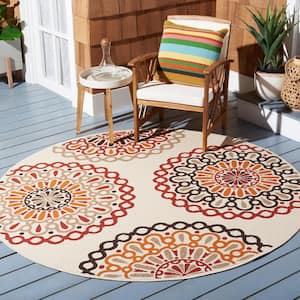 Veranda Cream/Red Doormat 3 ft. x 3 ft. Geometric Floral Indoor/Outdoor Patio Round Area Rug