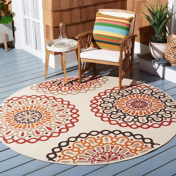 Veranda Creme/Red 7 ft. x 7 ft. Geometric Floral Indoor/Outdoor Round Area Rug