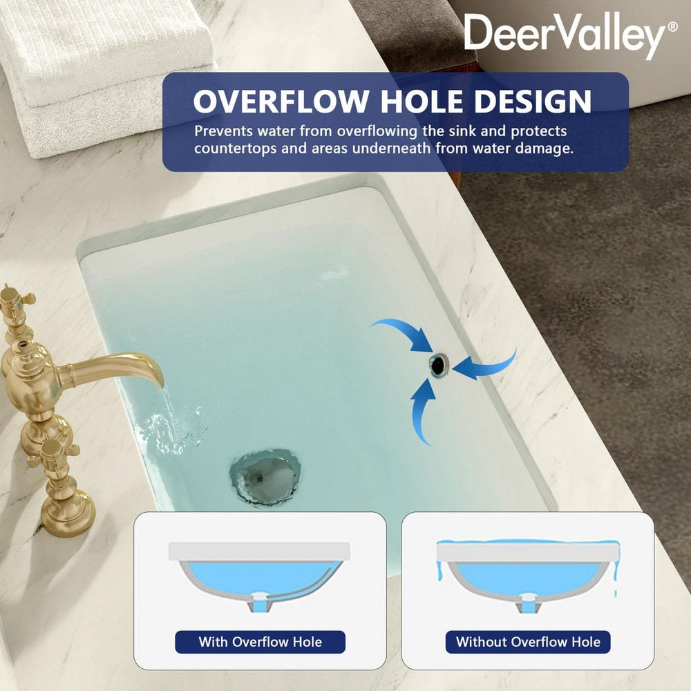 White Ceramic Rectangular Undermount Bathroom Sink with Overflow