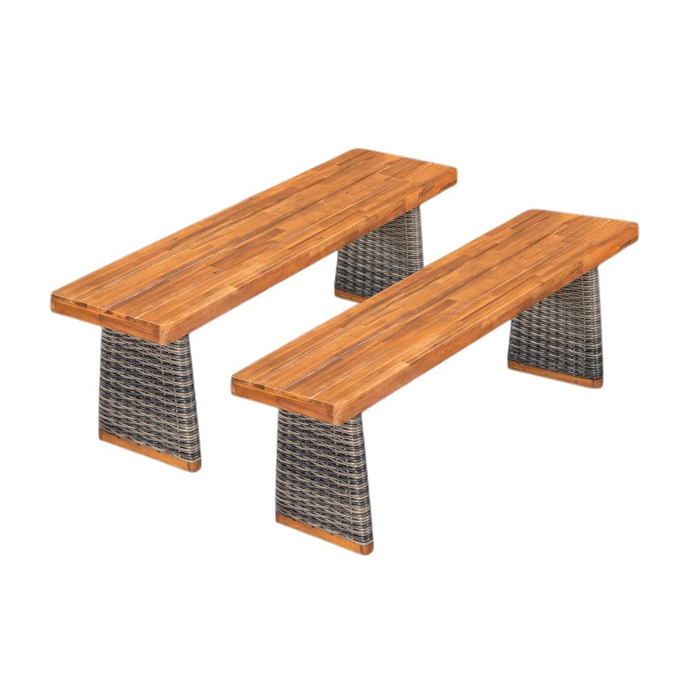 (Set of 2)Outdoor Acacia Wood Bench,Teak Finish+ Gray Wicker