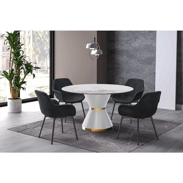 Leisuremod Modern Dining Table with a Round Sintered Stone Tabletop in White Steel Seats 6-10 Qorvus Collection in White Grey