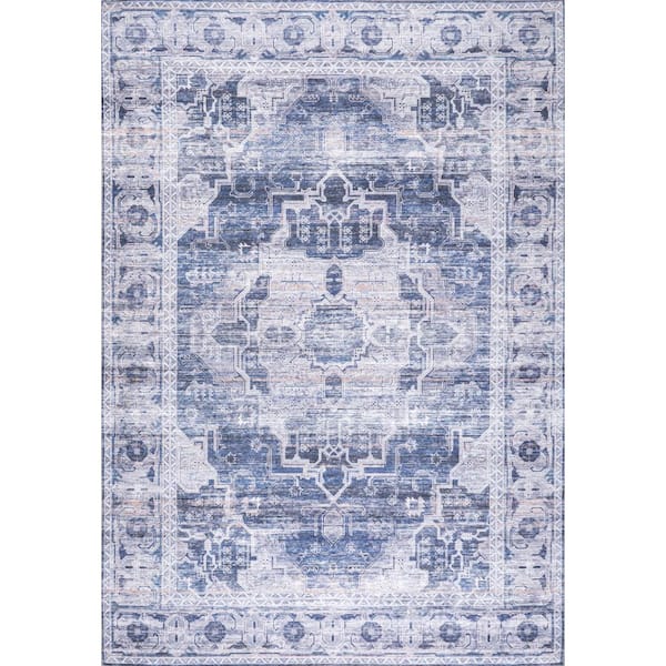 Alanya Ornate Navy/Cream 5 ft. x 8 ft. Medallion Machine Washable Indoor Area Rug