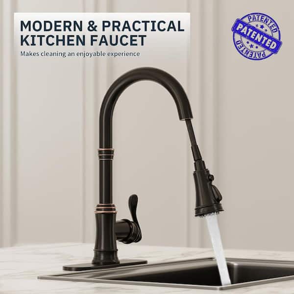 Single-Handle Pull-Down Sprayer 3 Spray High Arc Kitchen Faucet with Deck Plate in Oil Rubbed Bronze