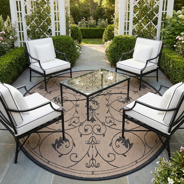 Recife Veranda Brown-Black 8 ft. x 8 ft. Flatwoven Floral Round Indoor/Outdoor Area Rug