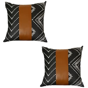 Brown Boho Handcrafted Vegan Faux Leather Square Abstract Geometric 17 in. x 17 in. Throw Pillow Cover (Set of 2)