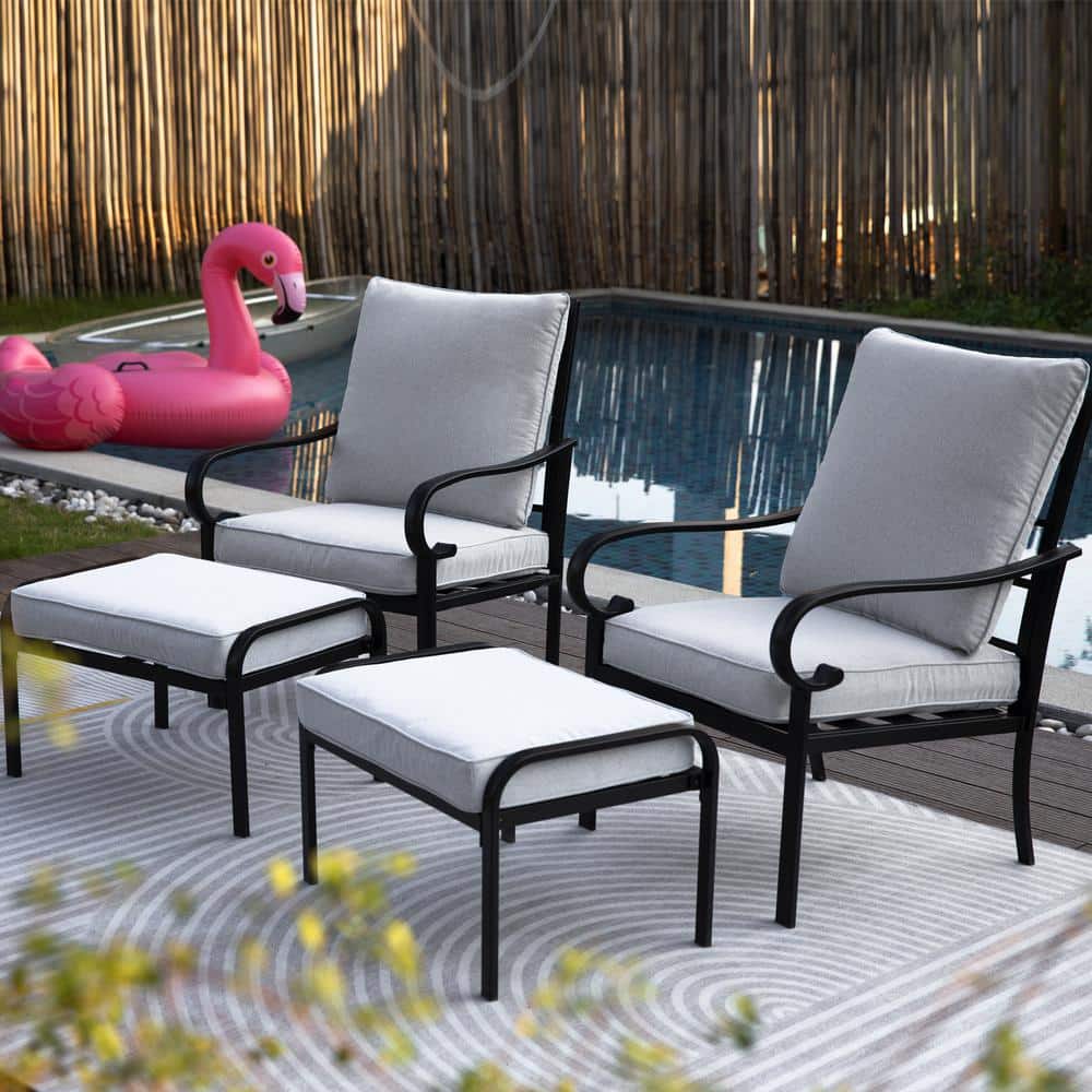 4-Piece Metal Outdoor Lounge Chair with Ottomans, Gray Cushions for Patio G