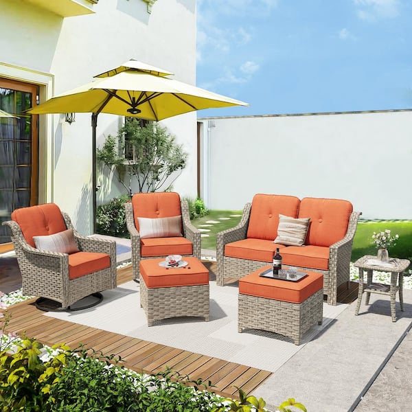 Tulip L Gray 6-Piece Wicker Patio Outdoor Conversation Sofa Set with Swivel Rocking Chairs and Red Cushions