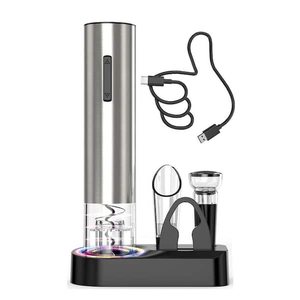 Electric Stainless Steel Wine Opener Set with Aerator Pourer, Foil Cutter, Vacuum Stopper, Display Base