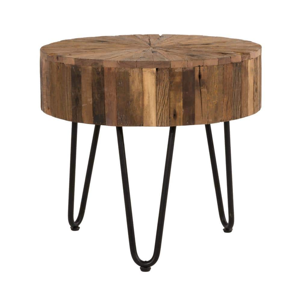 22" Rustic Reclaimed Wood Round End Table with Iron Hairpin Legs