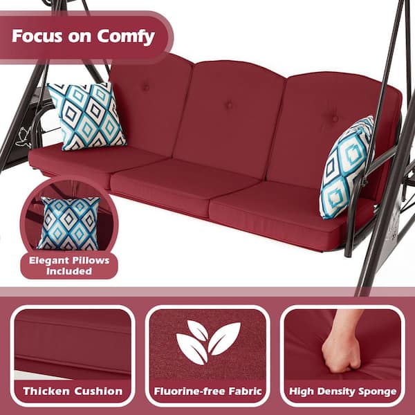 ZZW 3-Seat Metal Patio Swing with Adjustable Stand Canopy Wine Red