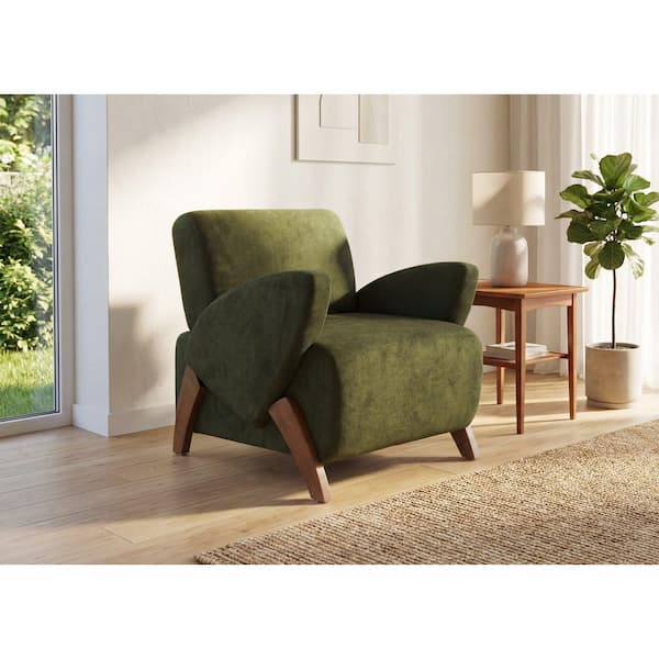 Jordon Dark Green Velvet Upholstered Accent Arm Chair with 4 Birch Legs