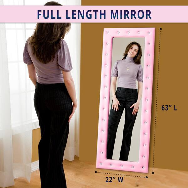 22 in. W x 63 in. H Modern Crystal Tufted Rectangle Framed Pink Leaning Mirror