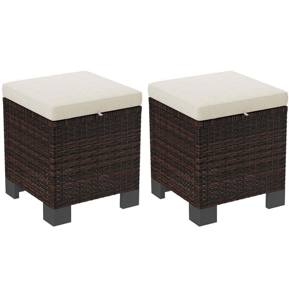 Beige Wicker Outdoor Ottoman Set of 2 Outdoor Footstools for Patio with Rem