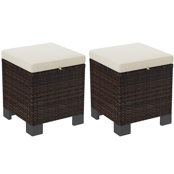 Outsunny Beige Wicker Outdoor Ottoman Set of 2 Outdoor Footstools for Patio with Removable Cushions 3-in-1 PE Rattan Ottoman Seat