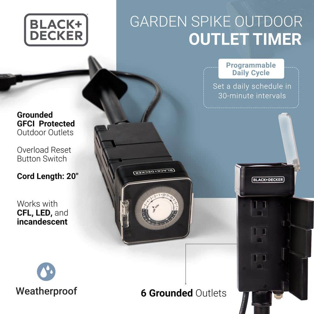 Black Waterproof Outdoor Garden Timer Stake with 6 Grounded Outlets