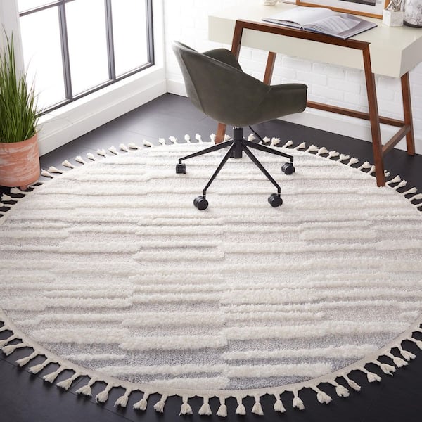 Moroccan Tassel Shag 7 ft. x 7 ft. Beige/Ivory Striped Fringe Round Area Rug