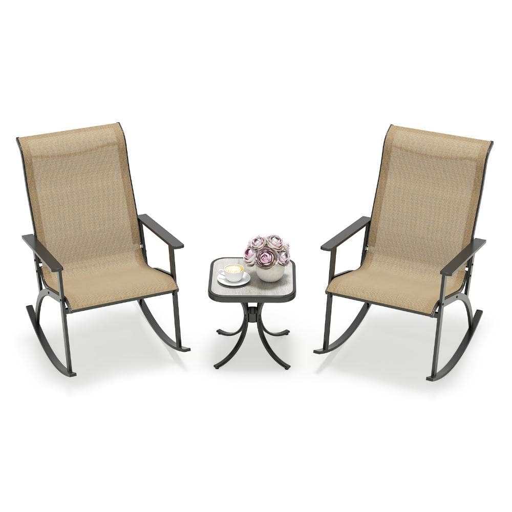 3-Piece Metal Patio Rocking Bistro Set with High-Back Chairs and DPC Side Table, Brown price history on PriceWatchPro