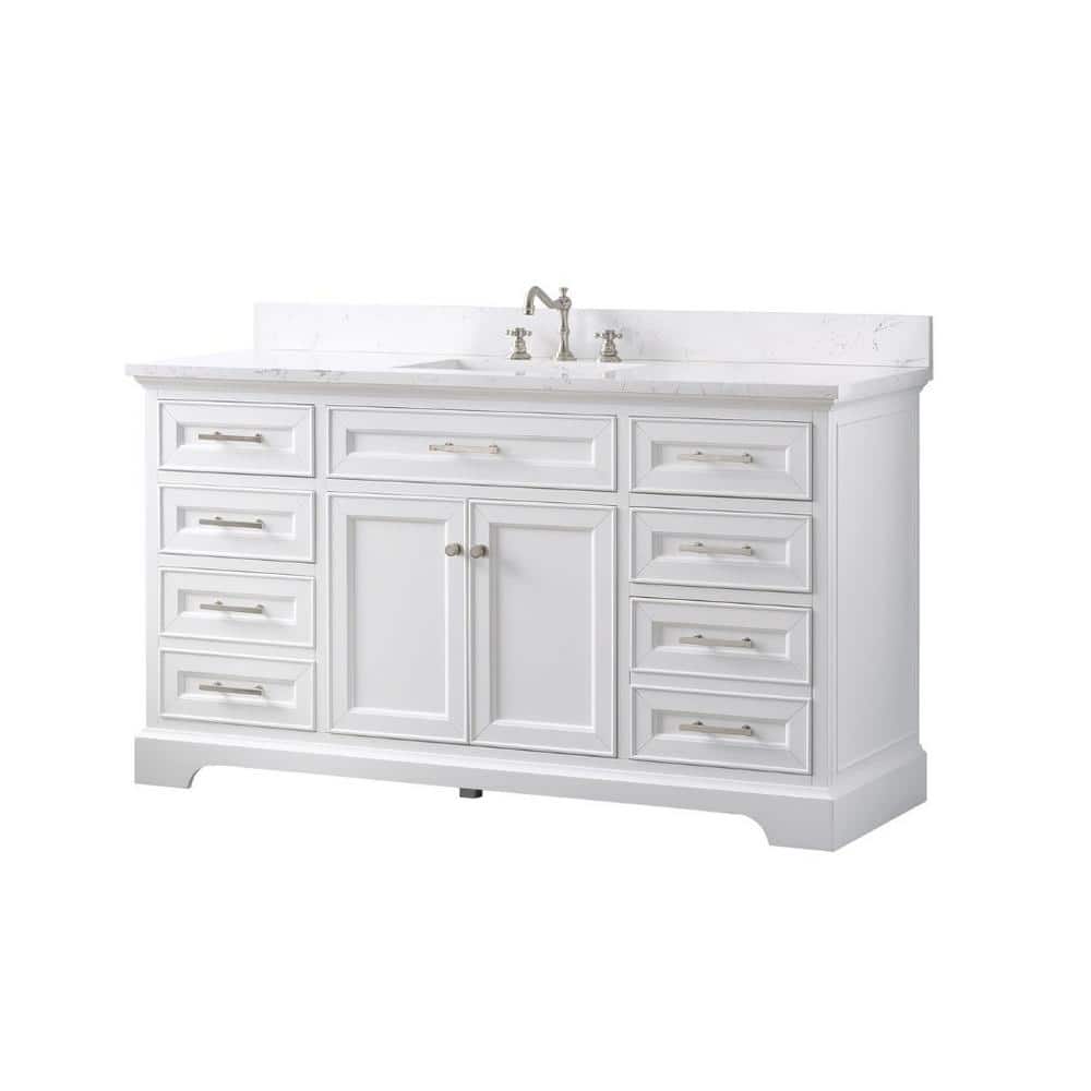 Thompson 60" White Solid Wood Single Bathroom Vanity with Engineered Stone Top