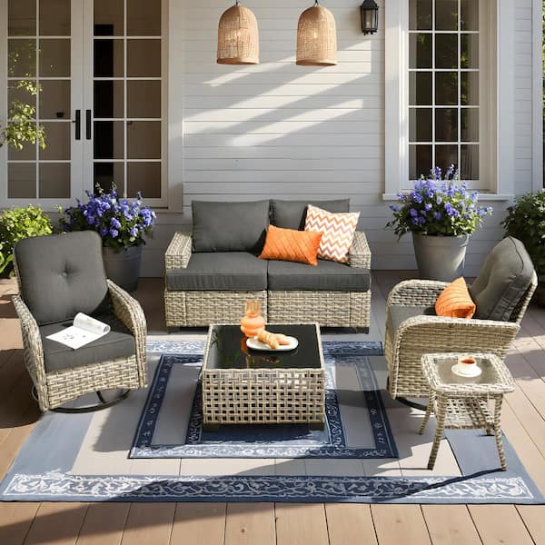 Toject Torino Gray 6-Piece Modern Wicker Patio Conversation Deep Seating Set with Swivel Rocking Chairs and Black Cushions