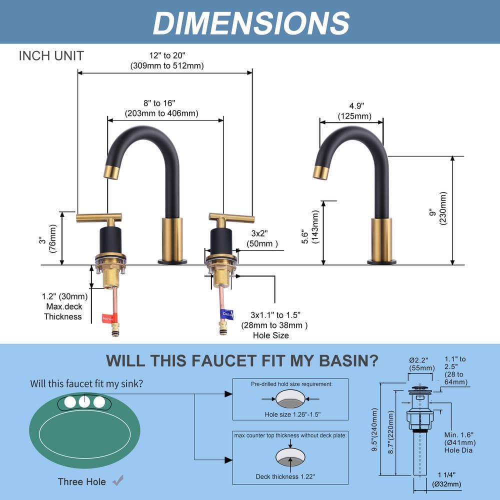 8-Inch Widespread Black and Gold Stainless Steel Bathroom Faucet