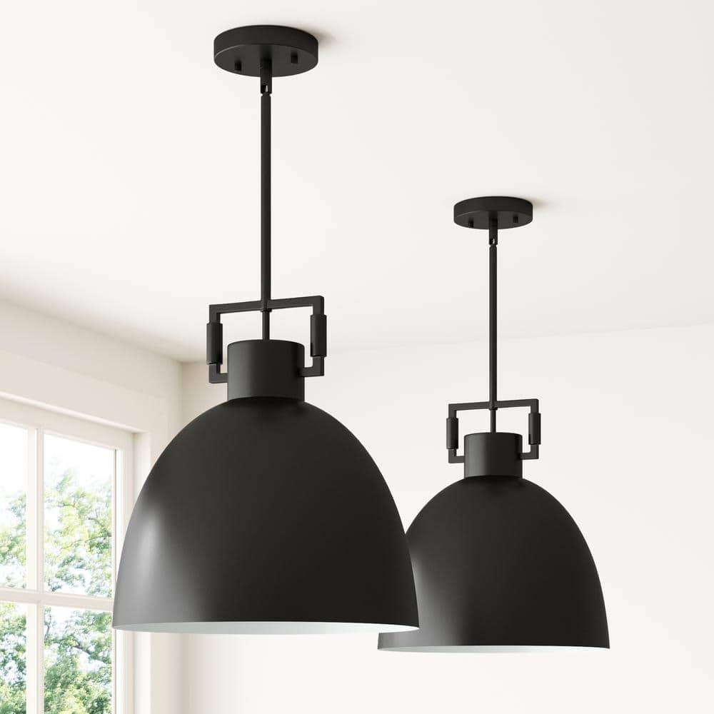Matte Black Metal Dome Pendant Lights with Adjustable Cord, Set of 2