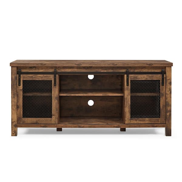 URTR 58 in. Rustic Brown TV Stand fits TV's up to 65", Living Room Console Table with Sliding Mesh Door and 4 Storage Shelves