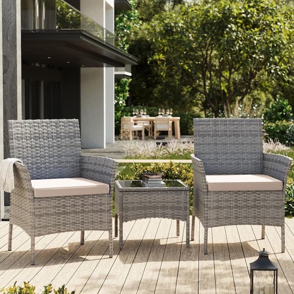 3-Piece Outdoor Rattan Seating Group with Cushions, Patio Bistro Set with Table-Ideal for Garden (Set of 2)