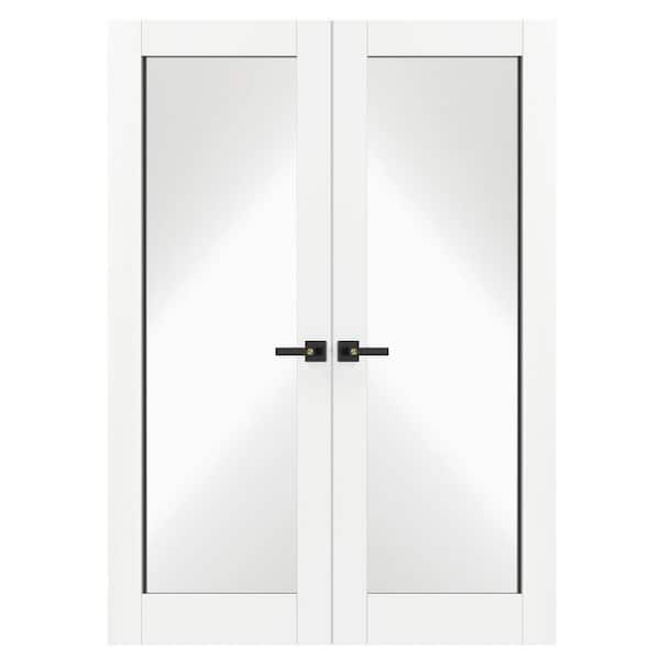 64 in. x 80 in. MDF & Solid Wood, Full Lite, Mirrored Glass, White Primed Interior Door Slab With Black Lever Handle