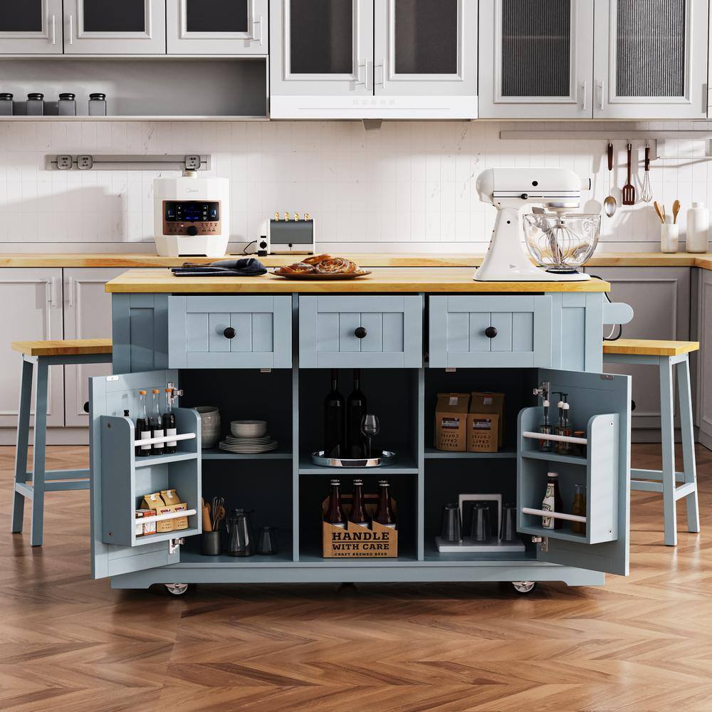 53 in. Gray Blue Kitchen Cart Island with Drop Leaf, Power Outlet, Storage 