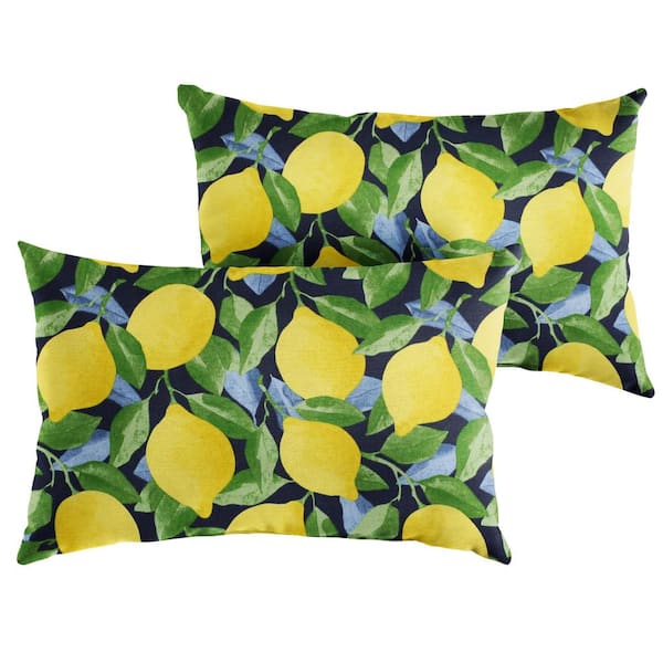 SORRA HOME Yellow Lemons Rectangular Outdoor Knife Edge Lumbar Pillows (2-Pack)