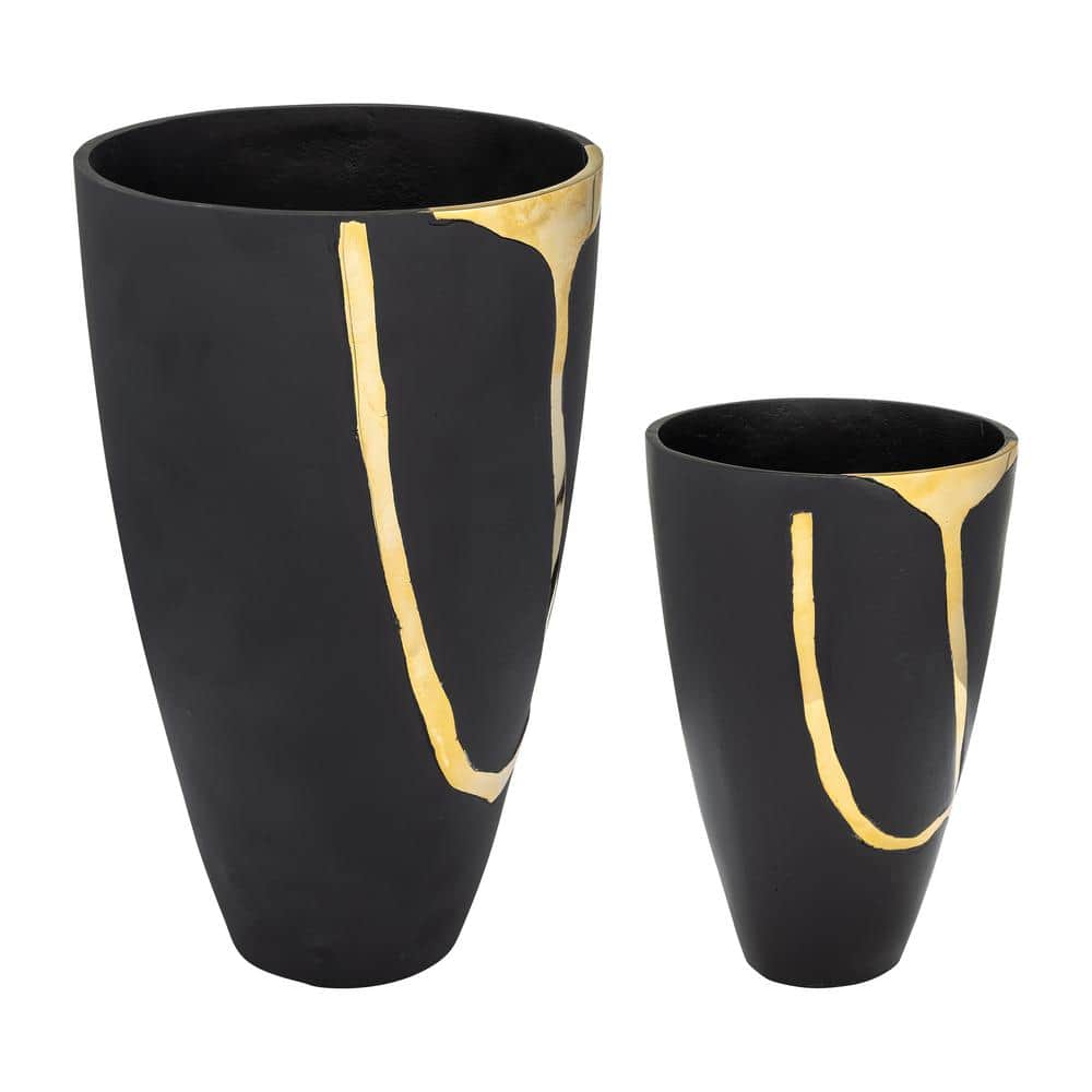Elegant Brass and Charcoal Metal Vase Duo for Weddings and Decor
