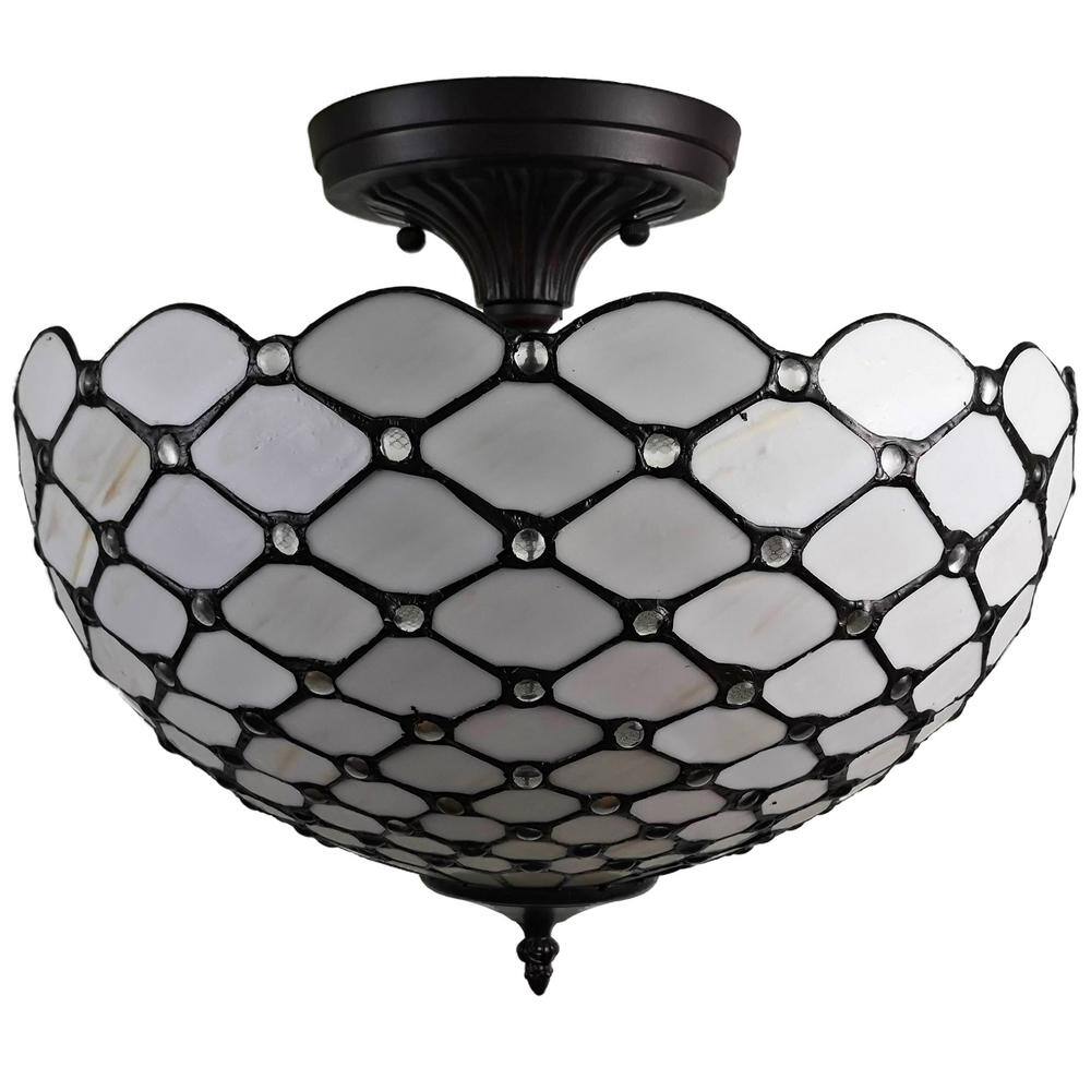 White Stained Glass Vintage Semi-Flush Ceiling Lamp