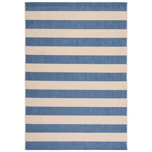 Courtyard Beige/Blue Doormat 2 ft. x 4 ft. Awning Stripe Indoor/Outdoor Area Rug