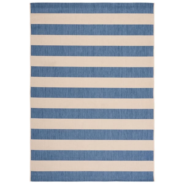 SAFAVIEH Courtyard Beige/Blue Doormat 2 ft. x 4 ft. Awning Stripe Indoor/Outdoor Area Rug