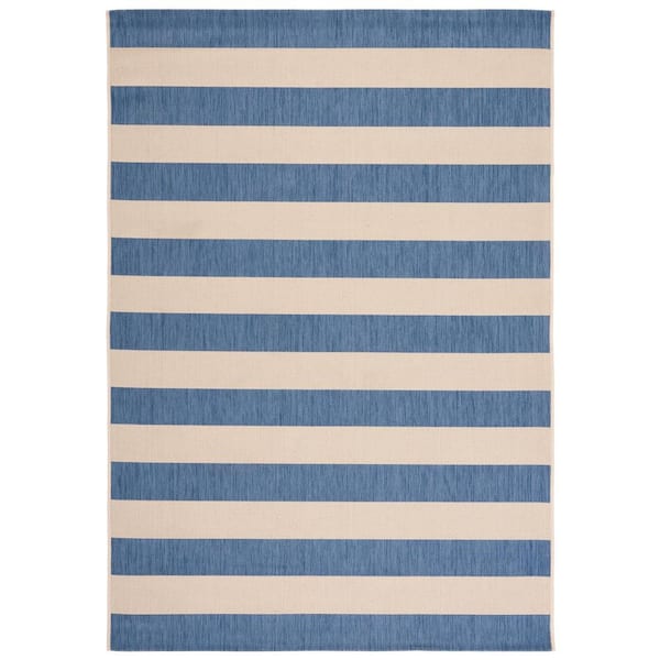 SAFAVIEH Courtyard Beige/Blue 5 ft. x 8 ft. Awning Stripe Indoor/Outdoor Area Rug