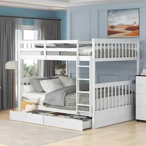 Classic White Full Over Full Wood Bunk Bed with Ladder and 2-Storage Drawers