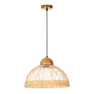 Brienna 40-Watt 1-Light Antique Brass Shaded Pendant Light with Jute and Wood Dome Shade