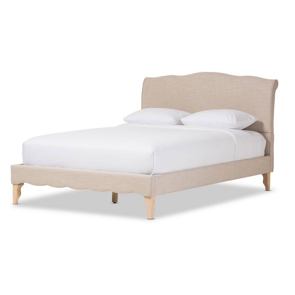 Queen Beige Linen Upholstered Platform Bed with Rubberwood Frame