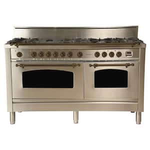 60 in. 6 cu. ft. Double Oven Dual Fuel Italian Range True Convection,8 Burners, LP Gas, Bronze Trim/Stainless Steel