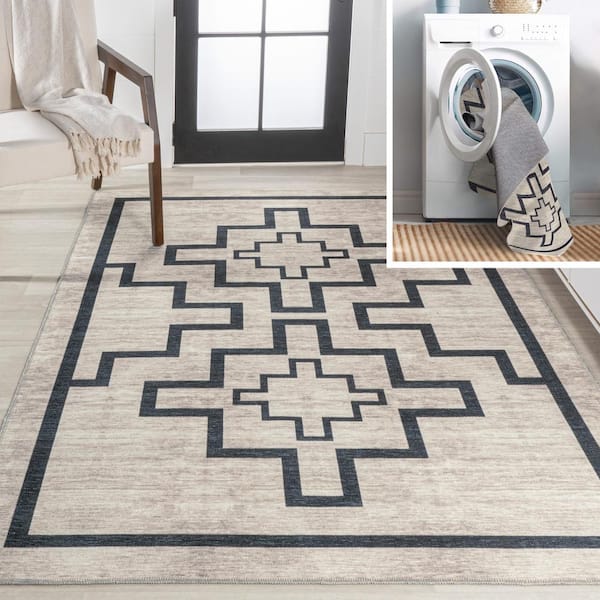 JONATHAN Y Ashkii Minimalist Medallion Machine-Washable Ivory/Black 8 ft. x 10 ft. Area Rug