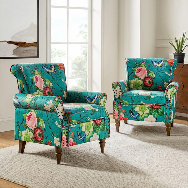 Auria Traditional 30 in. Blue Polyester Accent Arm Chair with Nailhead Trim and Solid Wood Legs (Set of 2)