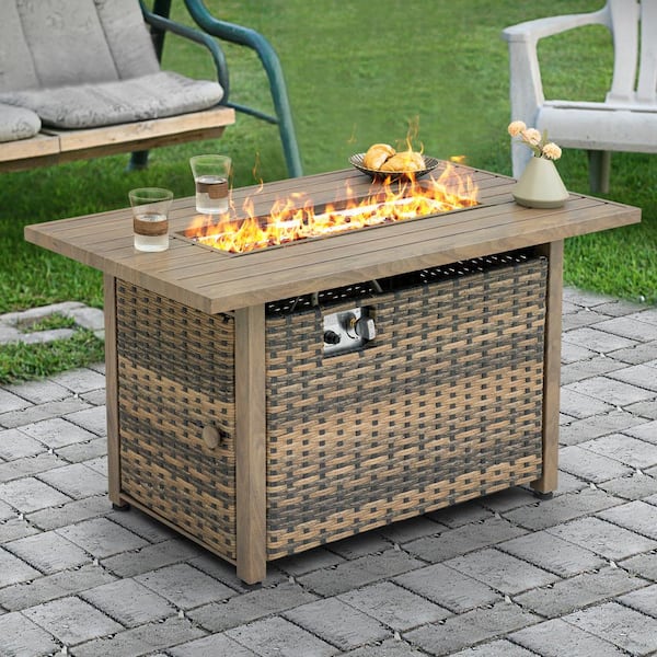 Nuu Garden 43 in. W x 25 in. H Rectangle Metal and Rattan Propane Gas Brown Fire Pit Table with Lid and Glass Beads