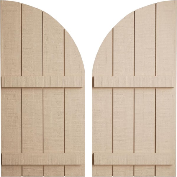 Ekena Millwork 22 in. x 54 in. Polyurethane Rough Cedar 4-Board Joined Board and Quarter Arch Top Shutters Primed Tan